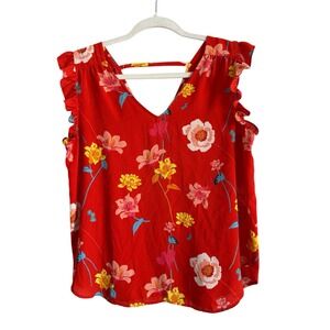 LOFT Women's Orange Red Lily Bar Back‎ Shell Floral Flutter Sleeve Blouse Size M